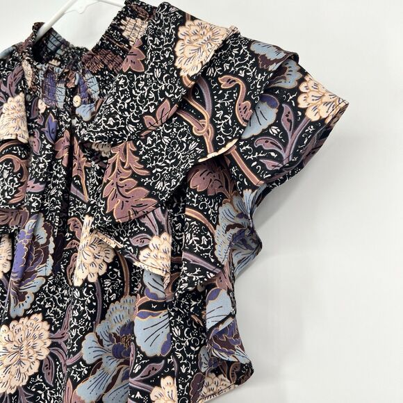 DR2 Womens S Mock Neck Dark Floral Flutter Sleeve Blouse Boho Hippie Festival - Picture 5 of 12